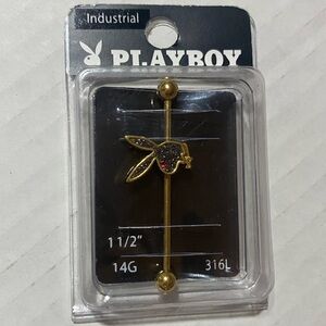 NEW PLAYBOY Black Glitter Bunny Gold Industrial Earring 14 Gauge